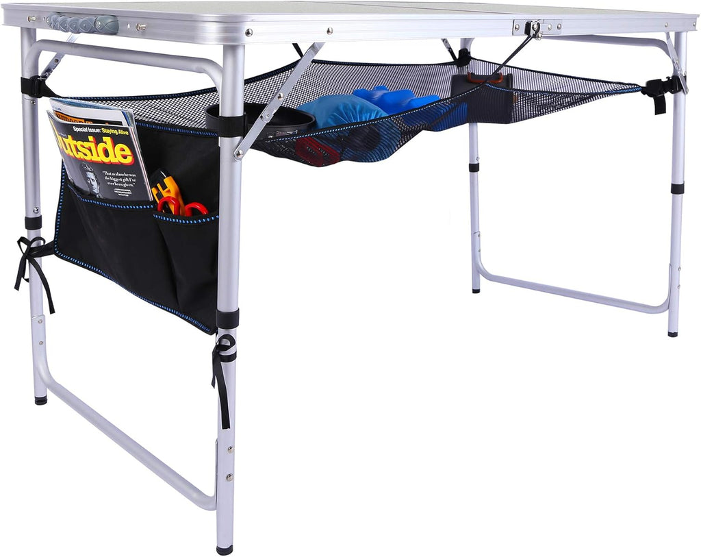Small Folding Aluminum Camping Table with Mesh Storage Organizer, White 24 x 16 inch X6158