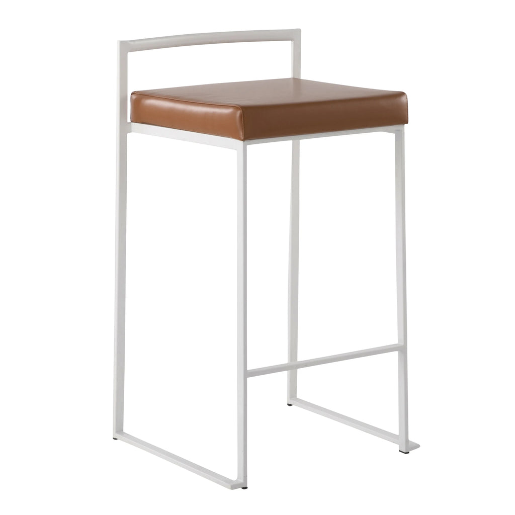 White Stackable Counter Stool with Faux Leather Cushion, Set of 2 Y903