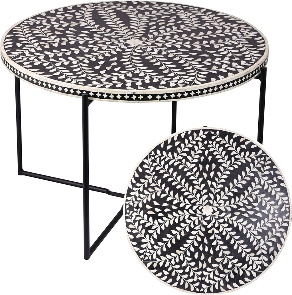 Round Coffee Table 30”W X 19”H Wooden Floral Top Metal Legs Black E562875