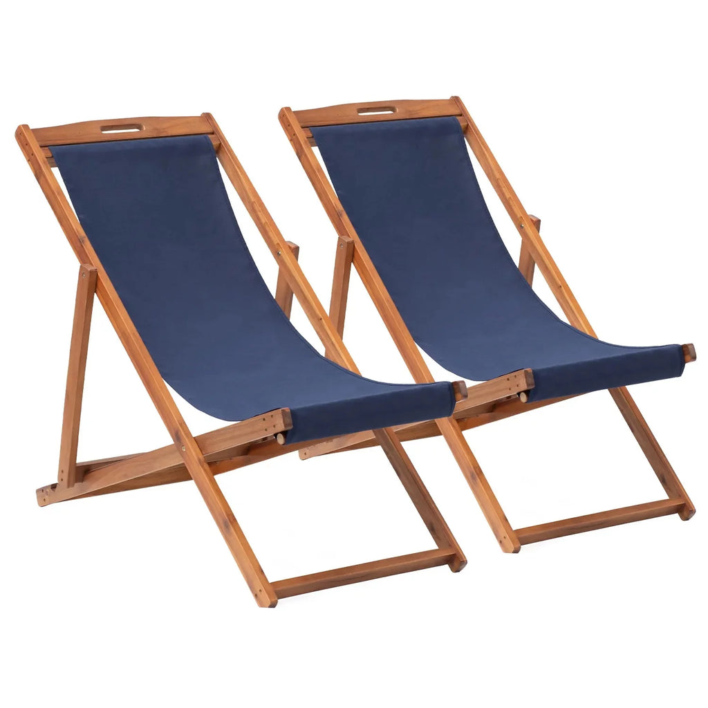 Beach Chair 2 Set Folding Reclining Chair with Solid Wood Frame Blue K3394