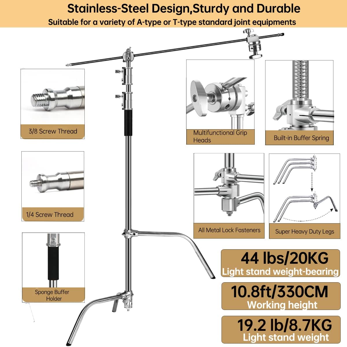 10.8ft Stainless-Steel C Stand with Boom Arm, 2pcs Grip Heads O630