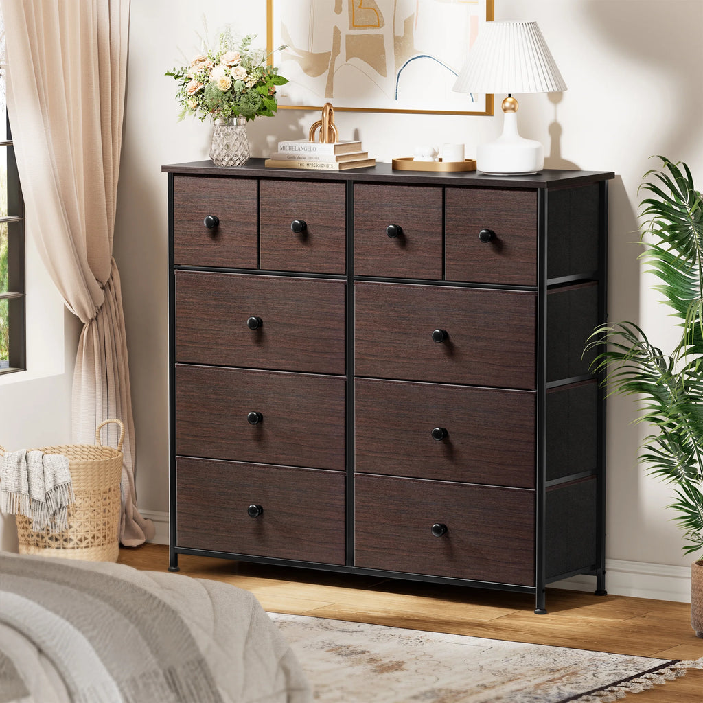 Dark Brown 10 Drawer Fabric Dresser V9495