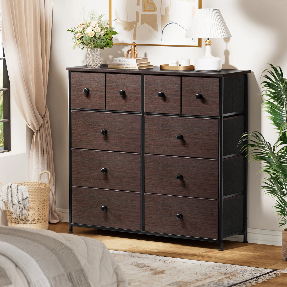 Dark Brown 10 Drawer Fabric Dresser V9495