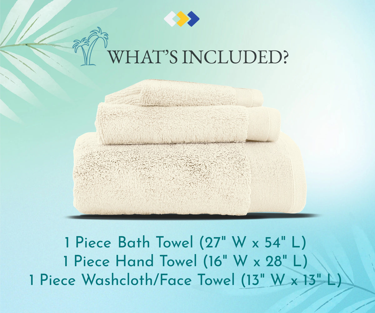 100% Cotton Bath Towel Set - 1 Bath Towel, 1 Hand Towel, 1 Wash Cloth (Ivory) I984