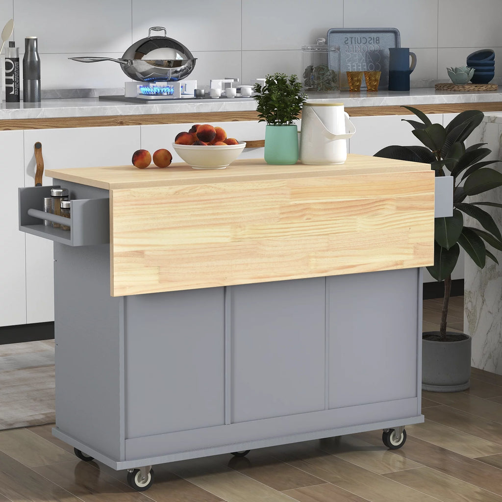 Rolling Mobile Kitchen Island with Storage Cabinet and Drop Breakfast Bar V163
