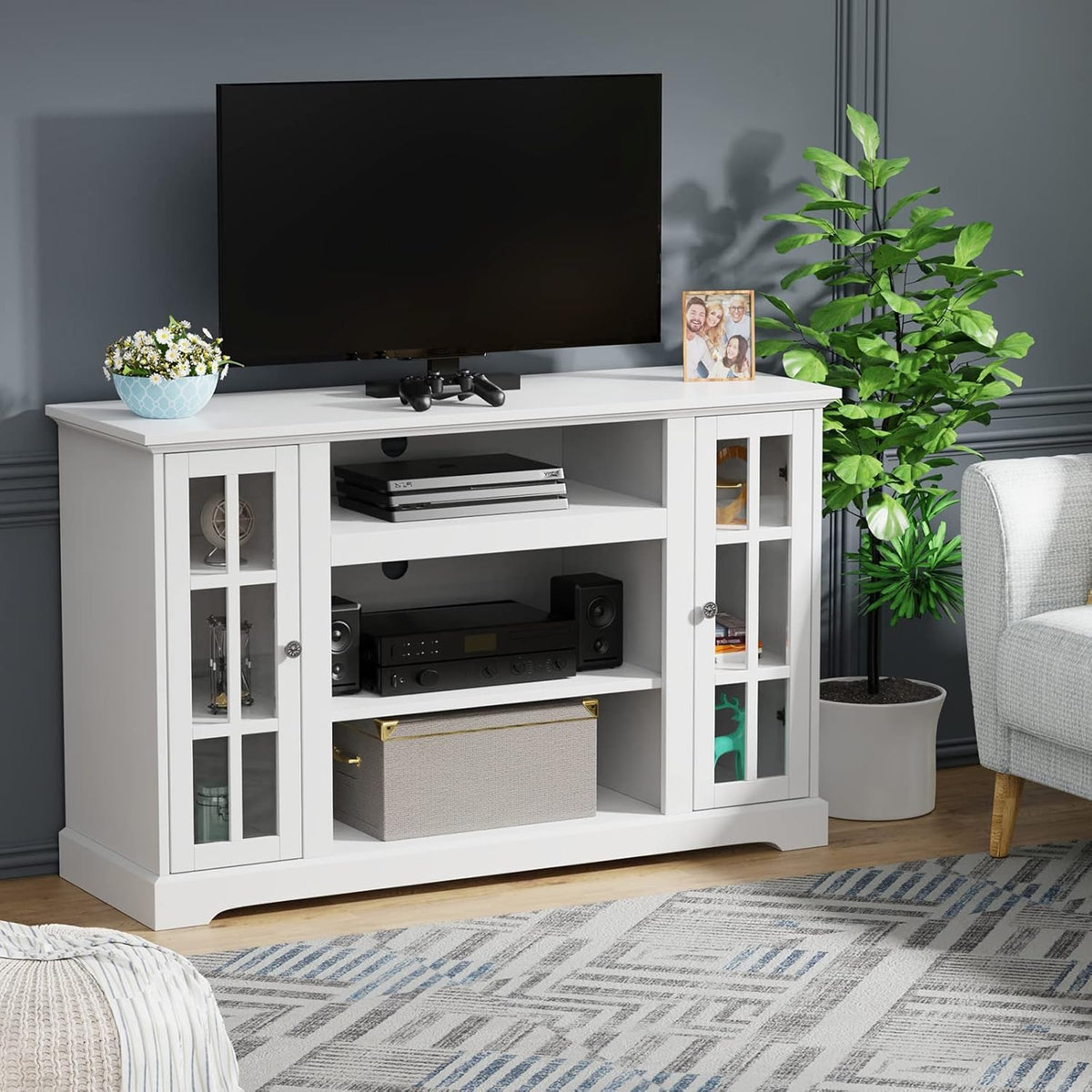 White Fireplace TV Stand for 55 inch TV with Wood Glass Door S85183