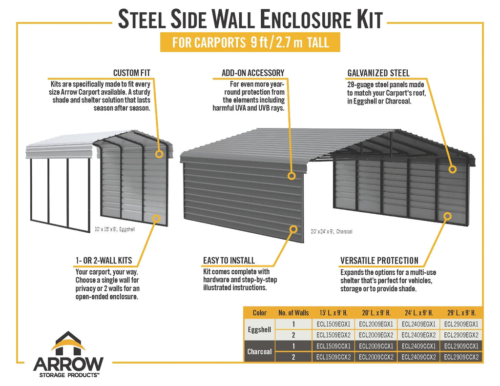 Galvanized Steel Carport Kit, 10' x 20' x 9' V7105