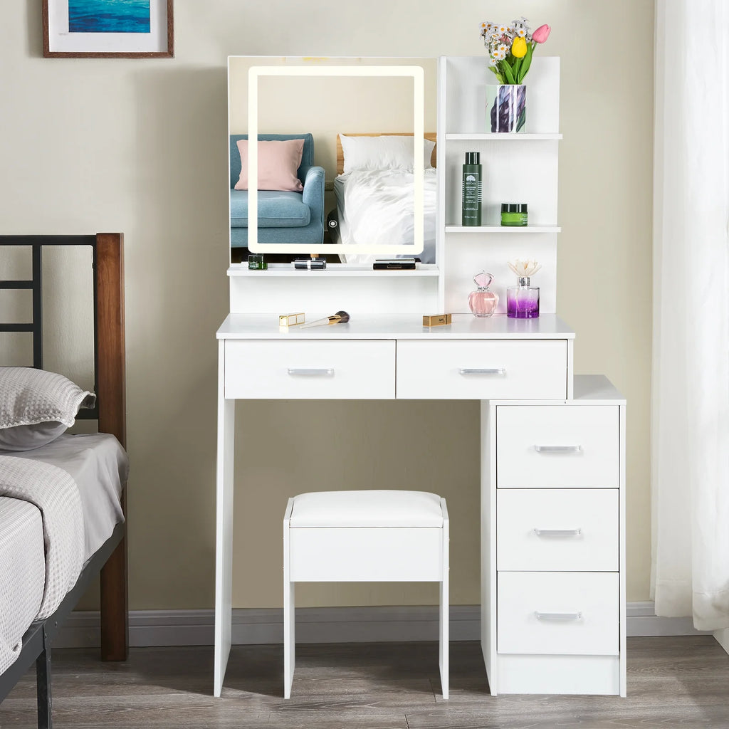 White Vanity Set with Lighted Mirror, Drawers and Stool U29323