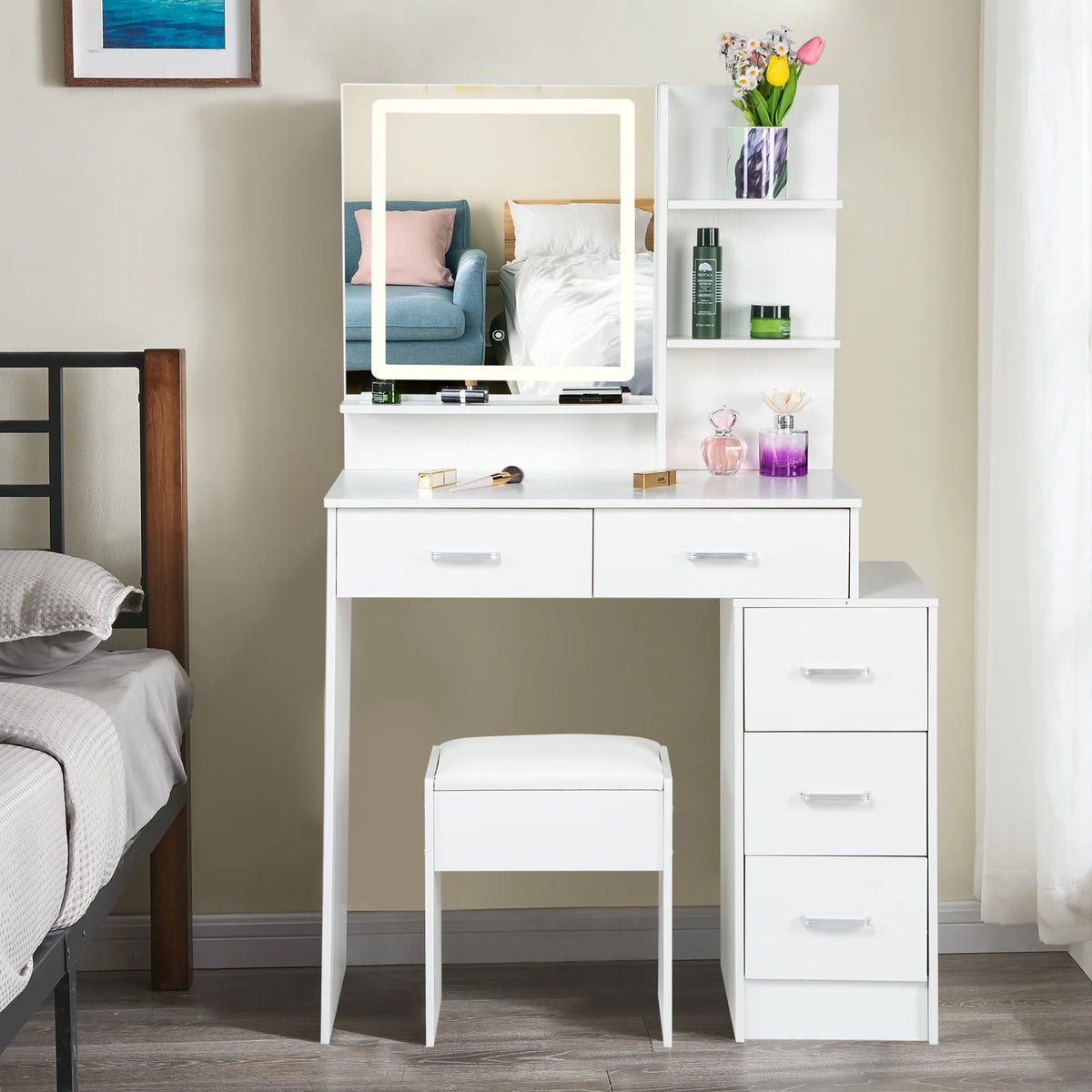 White Vanity Set with Lighted Mirror, Drawers and Stool U29323