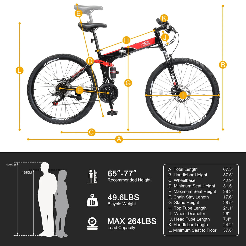 Folding Mountain Bike 21-Speed 26 inch Wheels Red J859