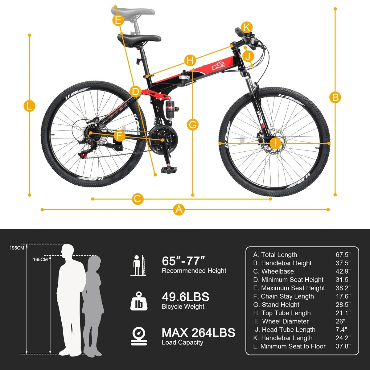 Folding Mountain Bike 21-Speed 26 inch Wheels Red J859
