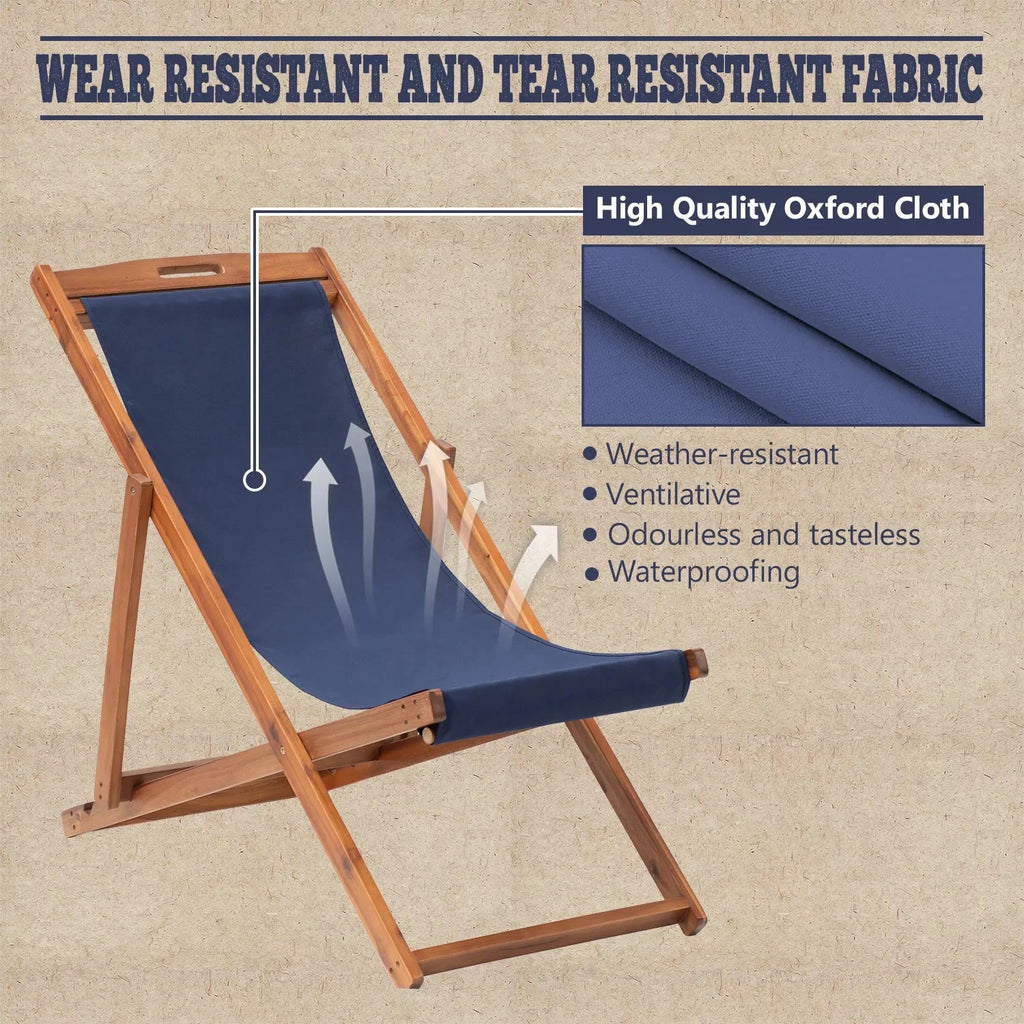 Beach Chair 2 Set Folding Reclining Chair with Solid Wood Frame Blue K3394