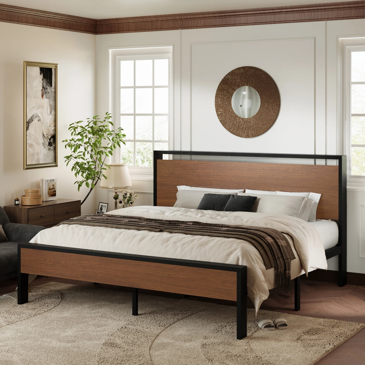 Walnut King Size Platform Bed Frame with Wood Headboard B70218