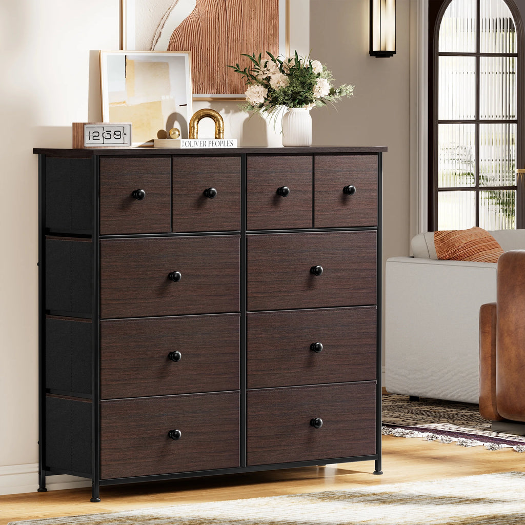 Dark Brown 10 Drawer Fabric Dresser V9495