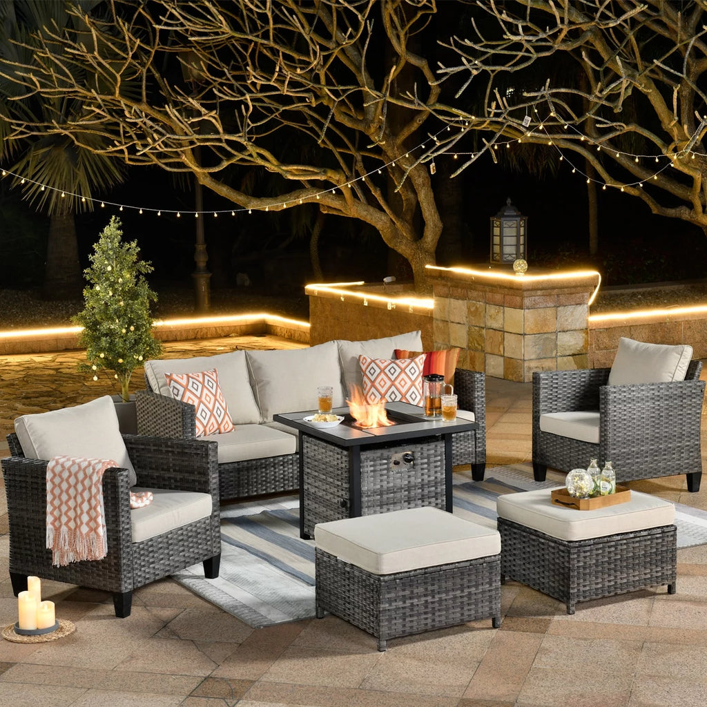 6-piece High-back Wicker Sectional Set With Fire Pit O83248