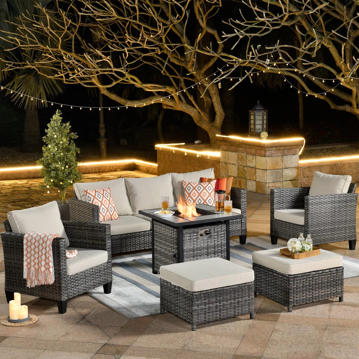 6-piece High-back Wicker Sectional Set With Fire Pit O83248