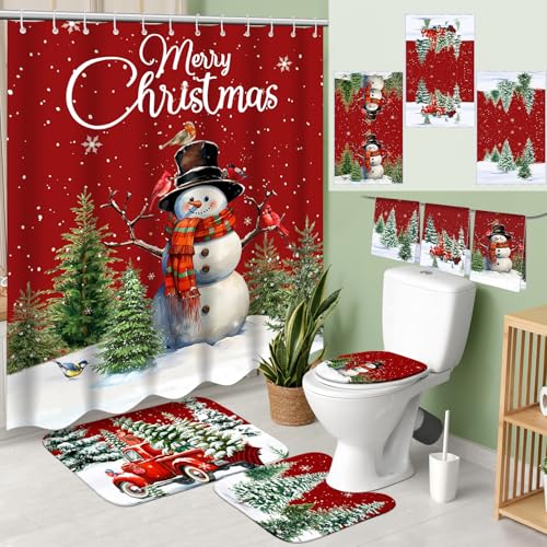 7 Pcs Christmas Shower Curtain Set Non Slip Waterproof Bathroom Accessories J877