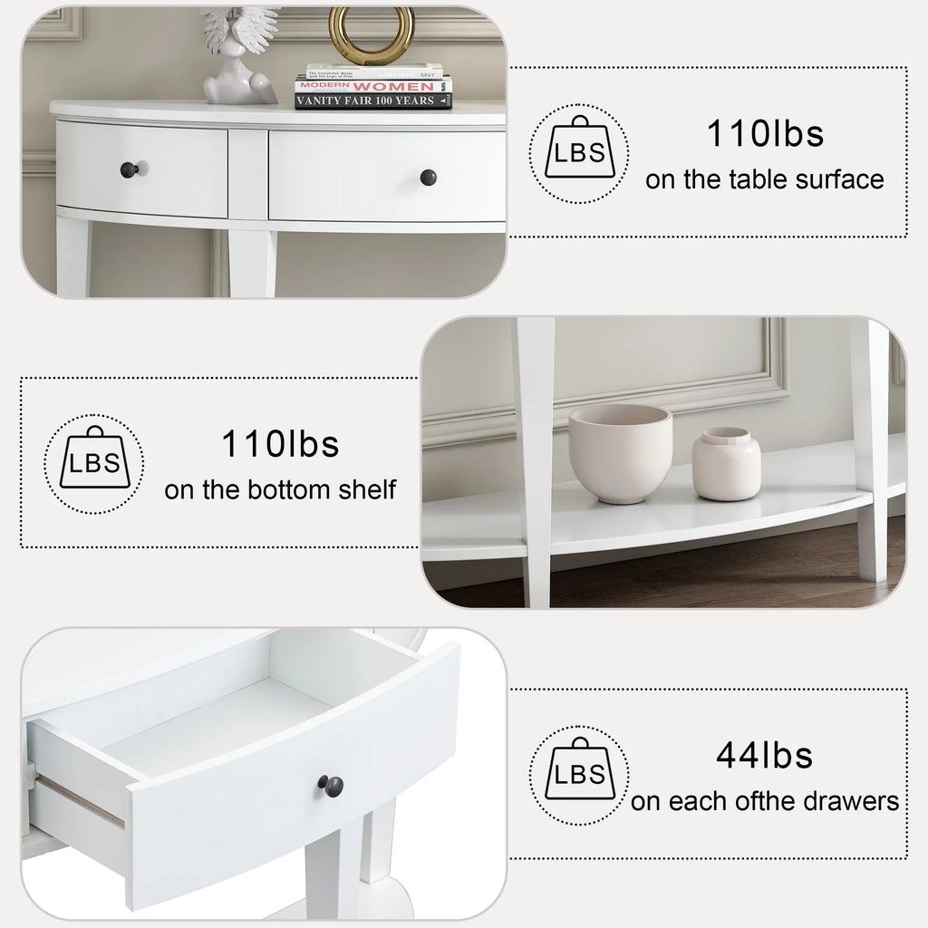 White Curved Console Table with 3 Drawers and Bottom Shelf X30833