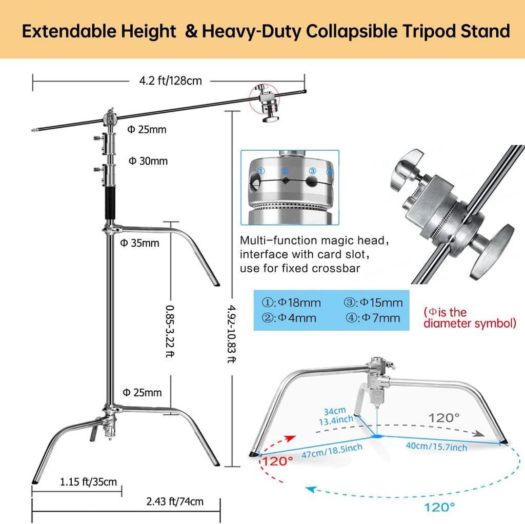 10.8ft Stainless-Steel C Stand with Boom Arm, 2pcs Grip Heads O630