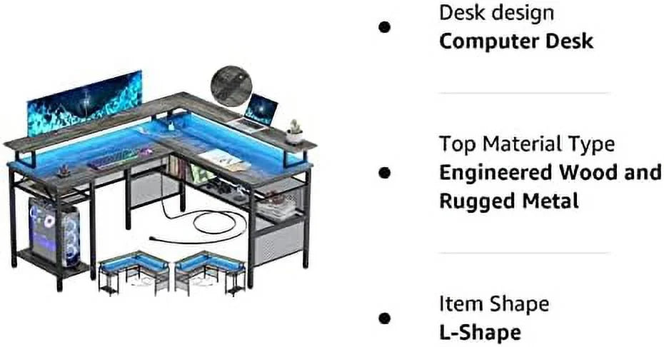 L Shaped Computer Desk with Power Outlet and LED Strip Black C75408