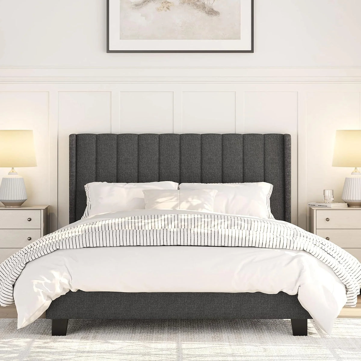 Queen Size Upholstered Platform Bed Frame with Tufted Headboard E593