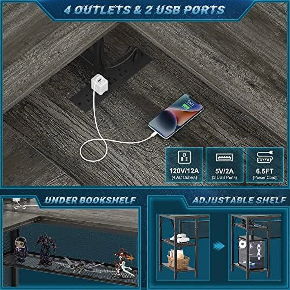 L Shaped Computer Desk with Power Outlet and LED Strip Black C75408