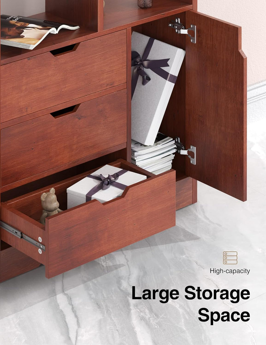 Brown Wood Bookcase Storage Cabinet with Doors and 3 Drawers M868280