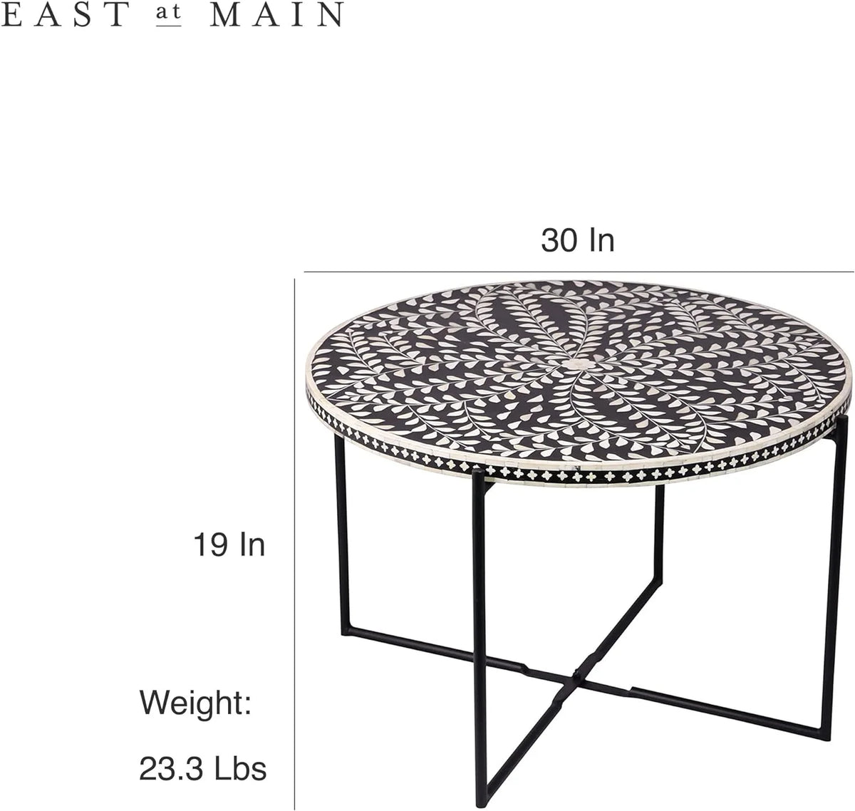 Round Coffee Table 30”W X 19”H Wooden Floral Top Metal Legs Black E562875