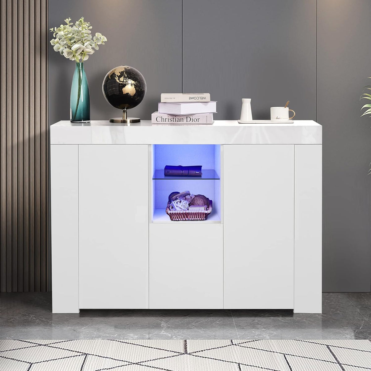 White 3 Door Sideboard Buffet Storage Cabinet with LED Light W87951