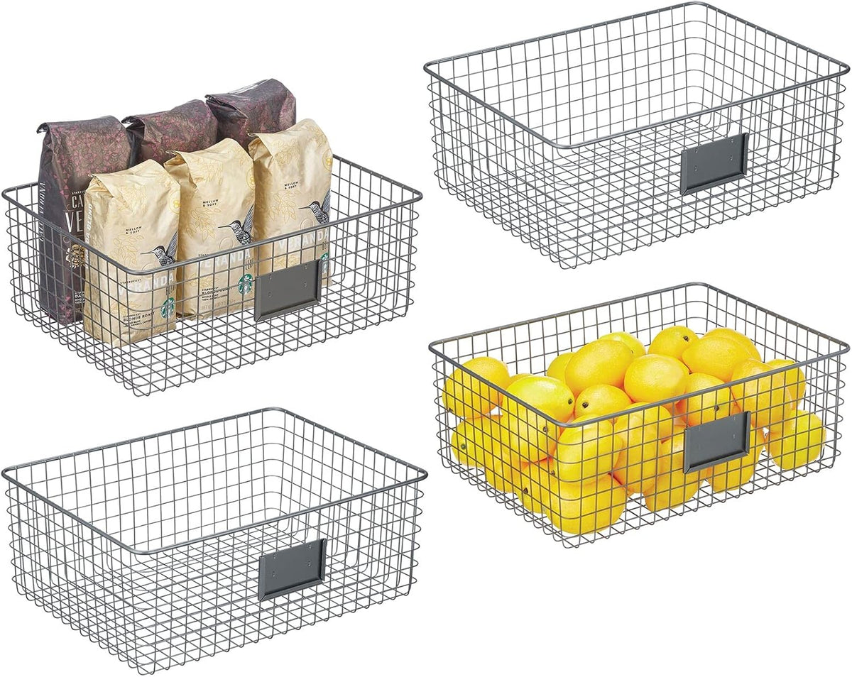Bronze Metal Wire Food Organizer Storage Bin Basket with Label Slot, 4 Pack J53687