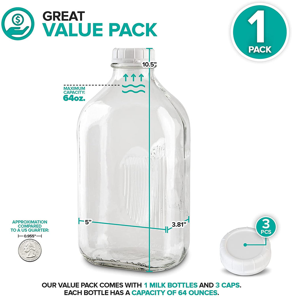 64-Oz Glass Milk Bottles with 3 White Caps, Dishwasher Safe I5426