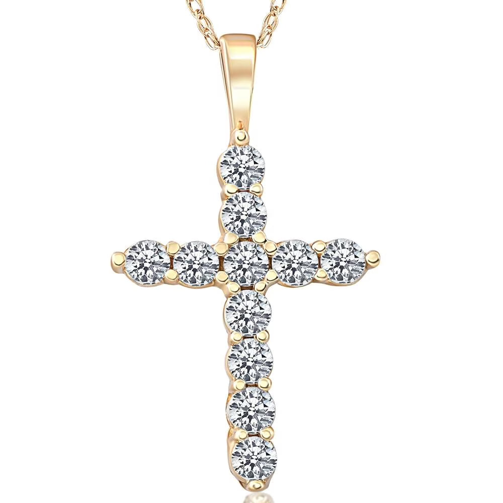 14K Yellow Gold Diamond Cross Pendant Necklace Y7249