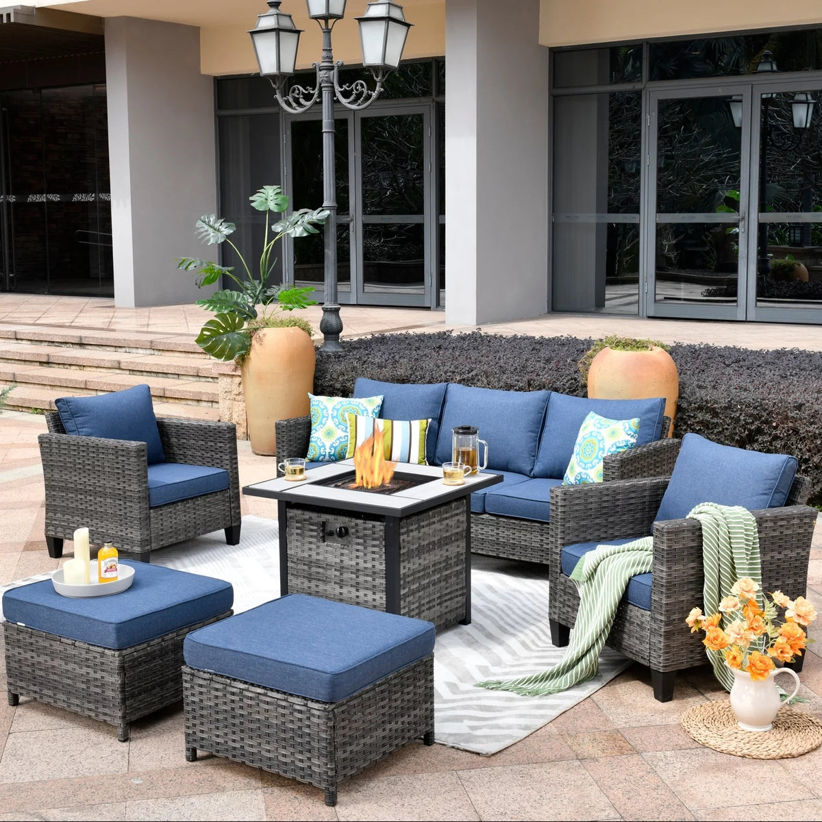 6-piece High-back Wicker Sectional Set With Fire Pit O83248