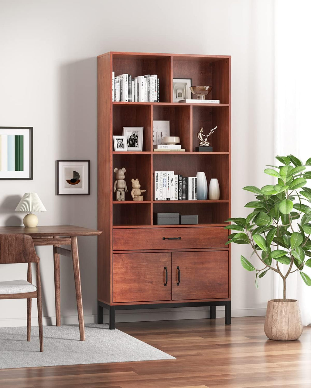 Brown Wood Bookcase Storage Cabinet with Doors and 3 Drawers M868280