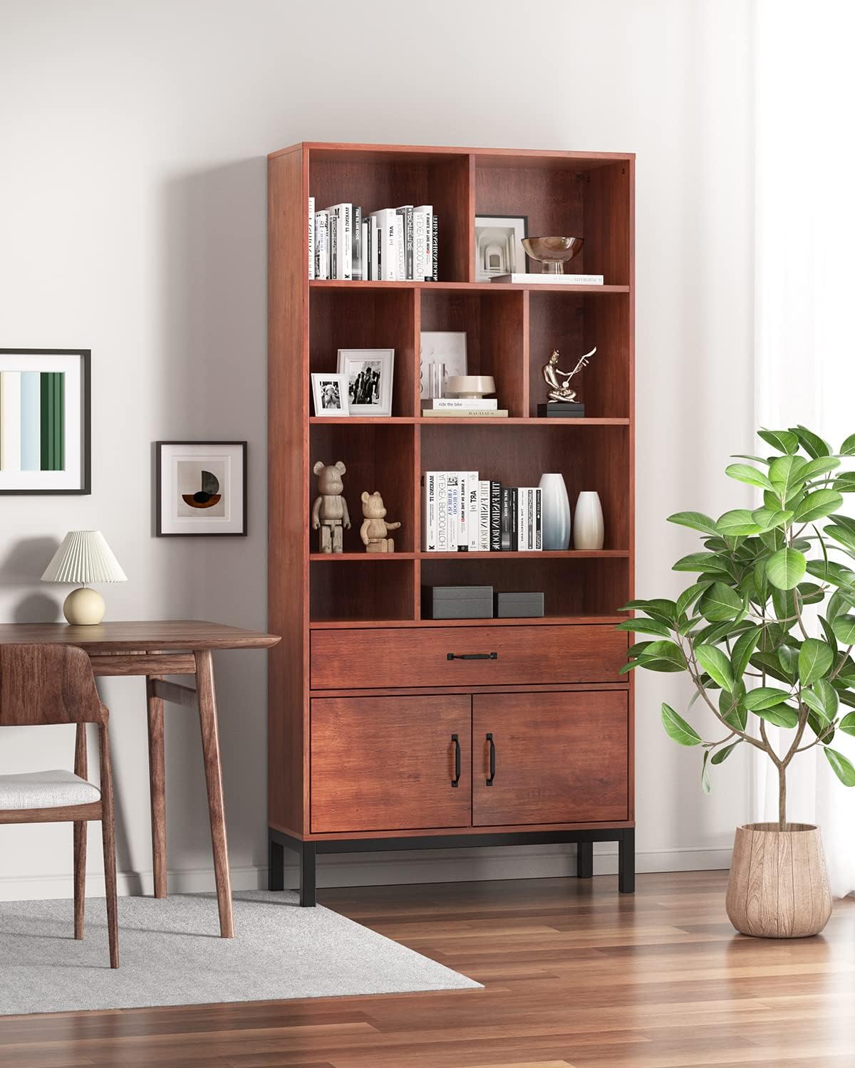 Brown Wood Bookcase Storage Cabinet with Doors and 3 Drawers M868280