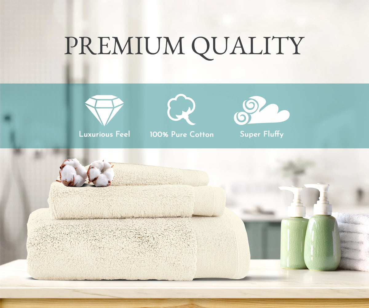 100% Cotton Bath Towel Set - 1 Bath Towel, 1 Hand Towel, 1 Wash Cloth (Ivory) I984