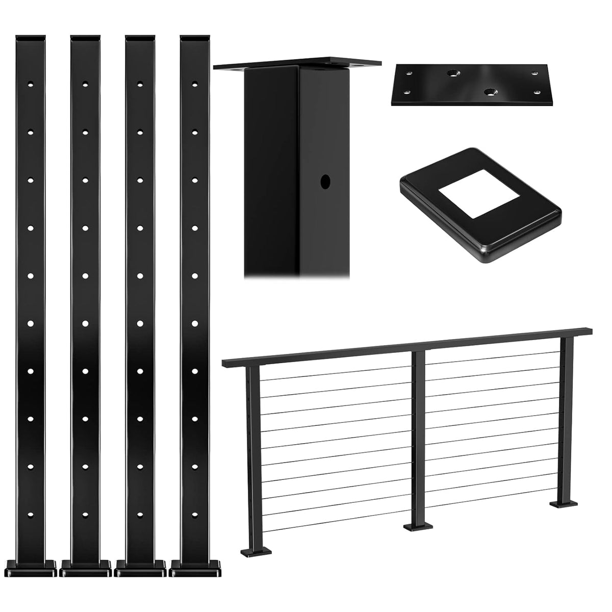 Black Square Weldless Stainless Steel Cable Railing Post 4Pack X4514