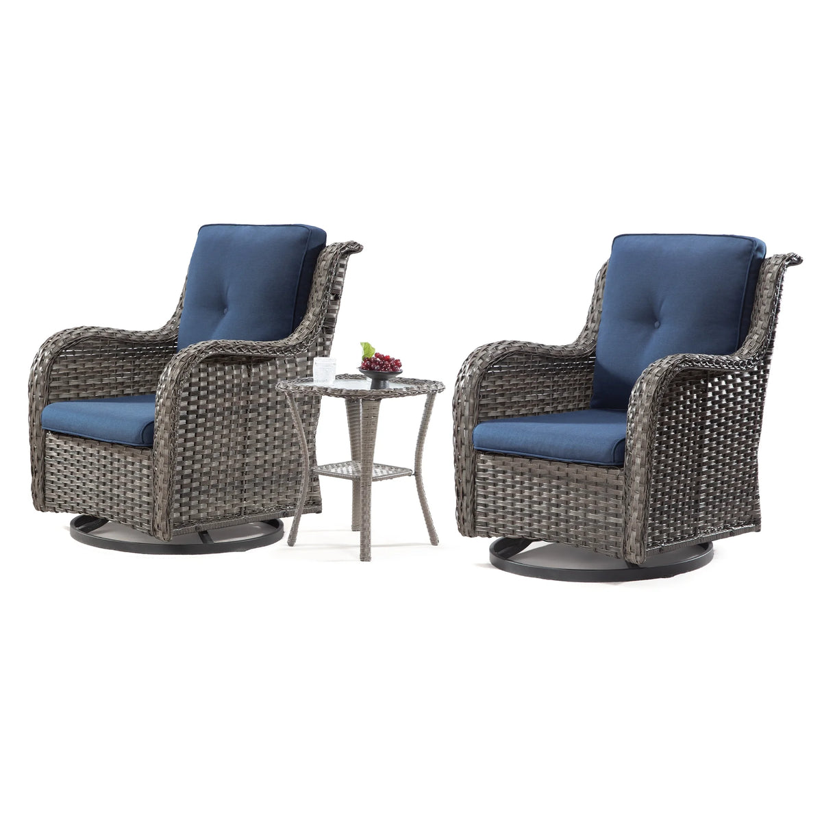 Blue Wicker Patio Swivel Rocker Chairs Set of 2 with Table Y1681