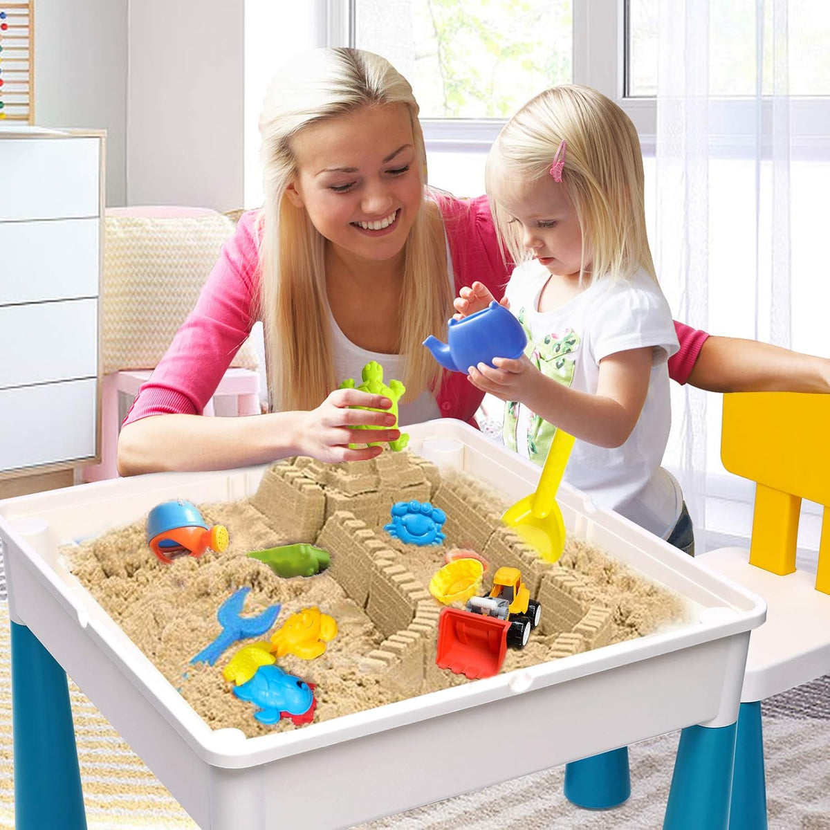 Kids Activity Table and Chair Set with 152Pcs Marble Run Building Blocks P596116