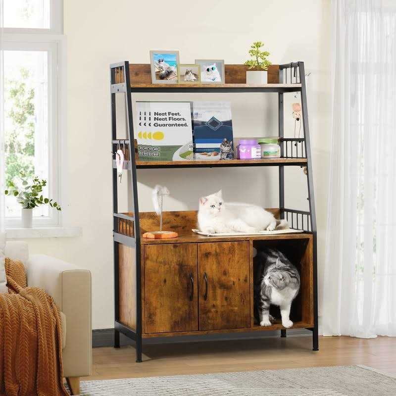 Cat Litter Box Enclosure with Storage Shelves Wooden Large Litter Box Furniture S13316