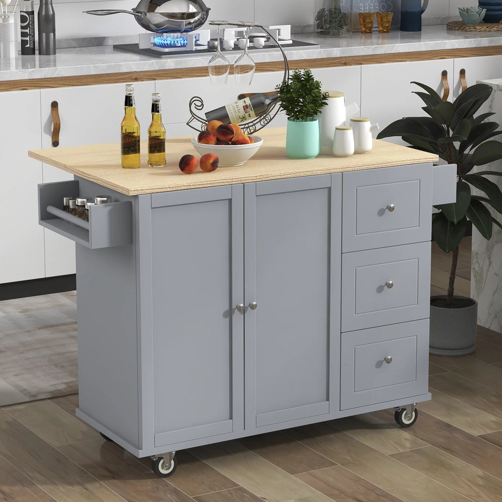 Rolling Mobile Kitchen Island with Storage Cabinet and Drop Breakfast Bar V163