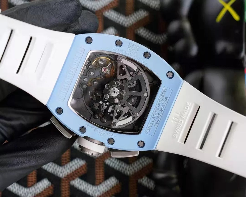 Skeleton Dial Blue Bezel White Rubber Strap N7569