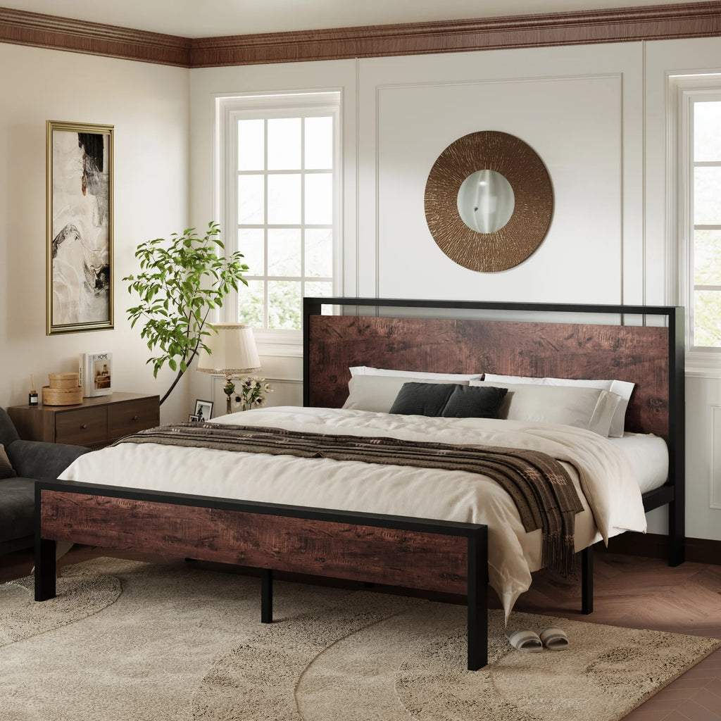 Walnut King Size Platform Bed Frame with Wood Headboard B70218