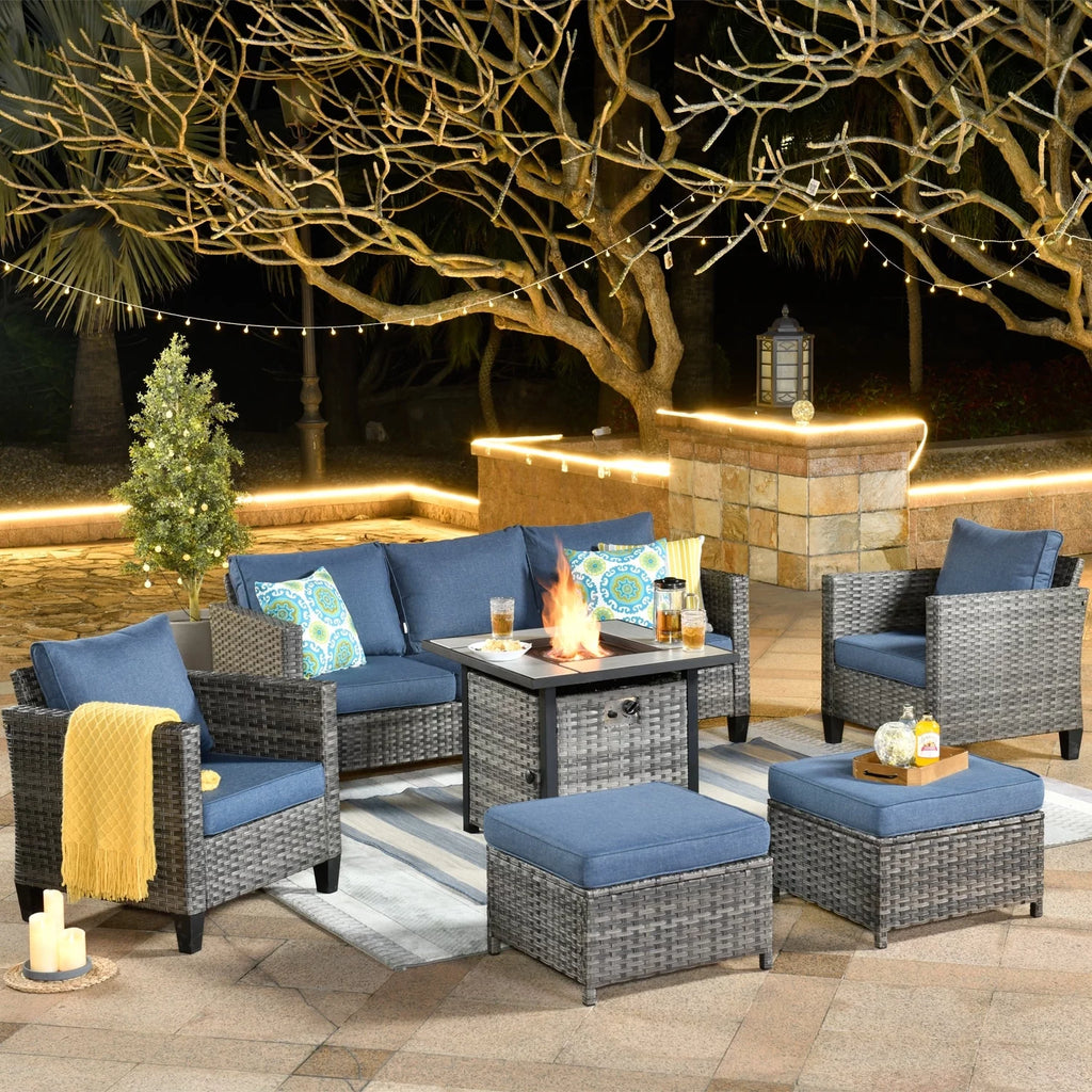 6-piece High-back Wicker Sectional Set With Fire Pit O83248