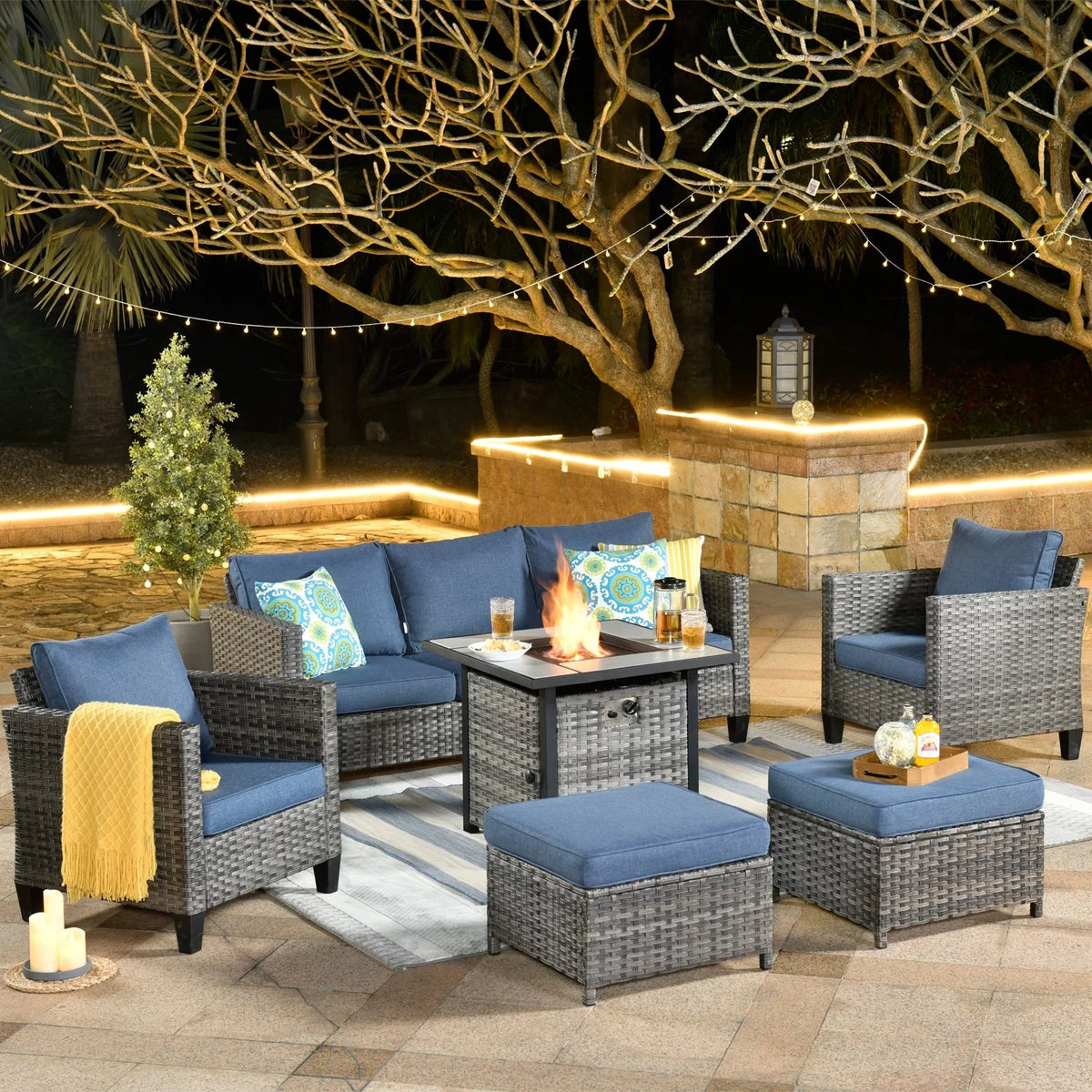 6-piece High-back Wicker Sectional Set With Fire Pit O83248