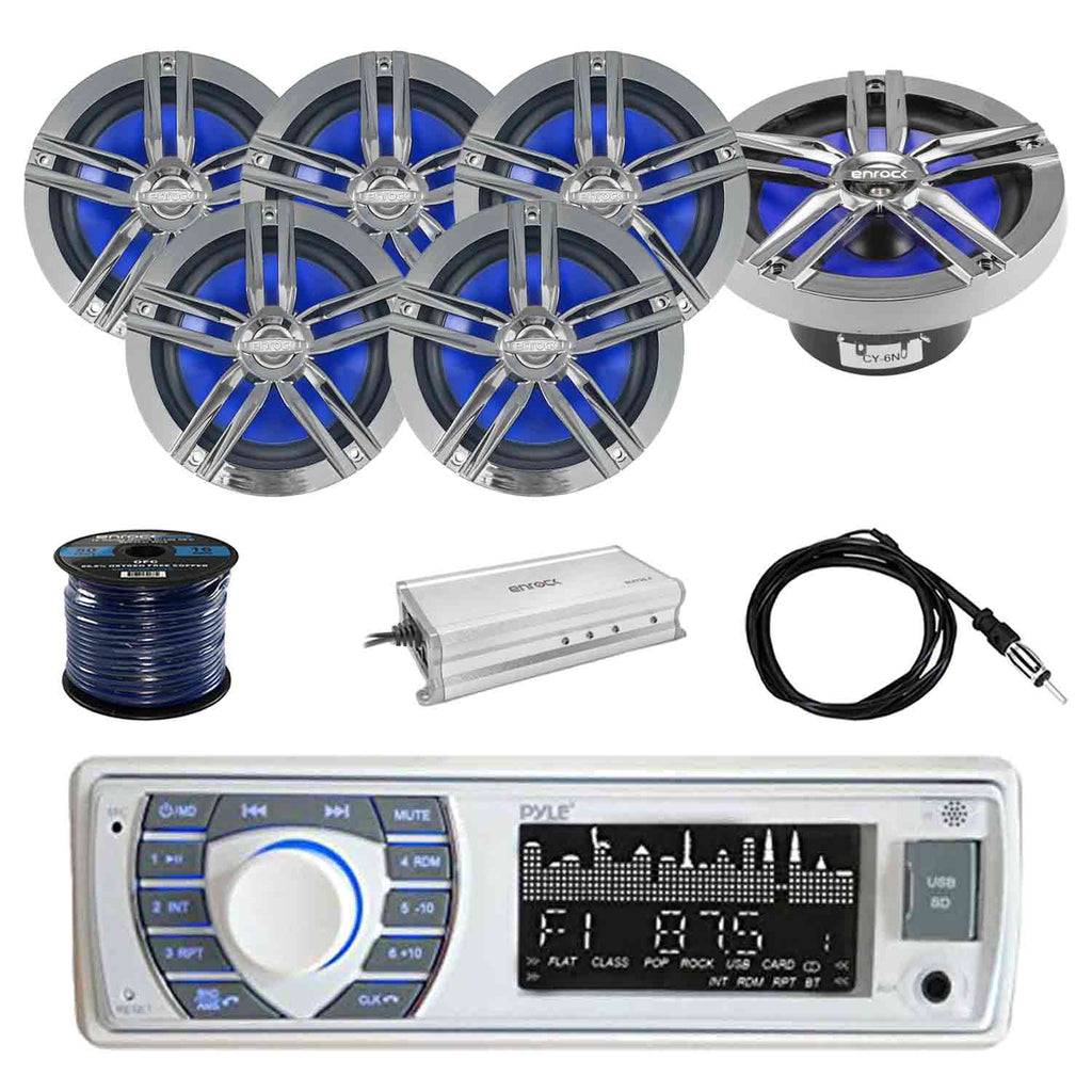 Marine Receiver Stereo with 2-Way 180W 6.5" Loud-SPKR (3-Pairs), Marine Antenna, 4-Chan Amplifier & 50' 16G SPKR Wire H574911