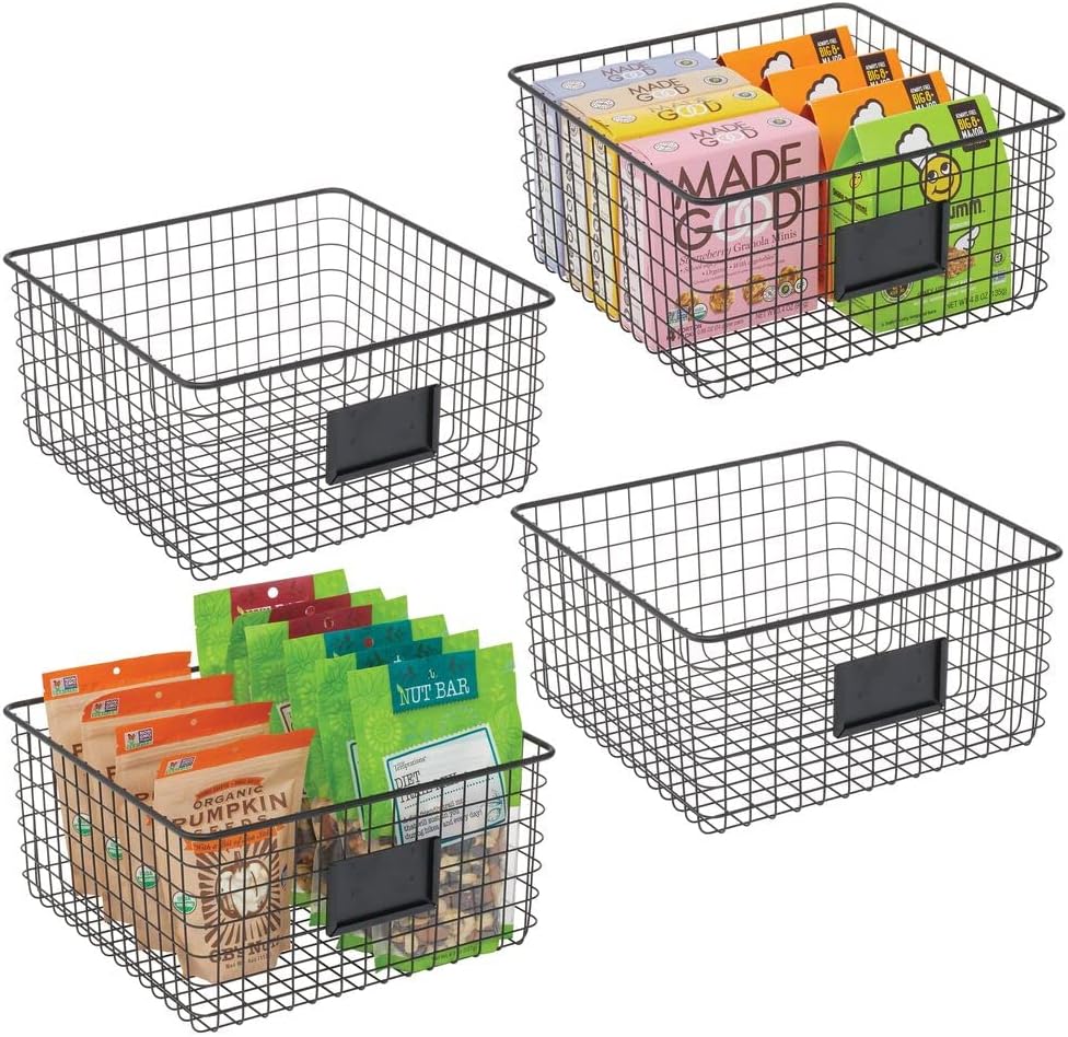 Bronze Metal Wire Food Organizer Storage Bin Basket with Label Slot, 4 Pack J53687