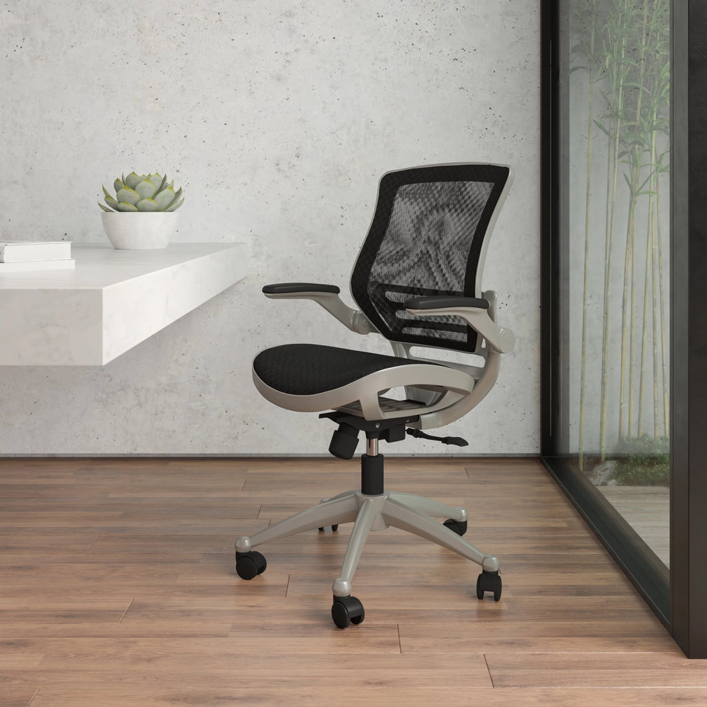 Mid-Back Transparent Black Mesh Executive Swivel Office Chair with Flip-Up Arms P1545