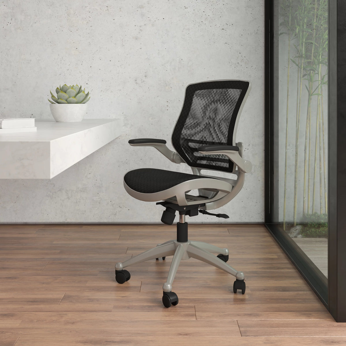 Mid-Back Transparent Black Mesh Executive Swivel Office Chair with Flip-Up Arms P1545