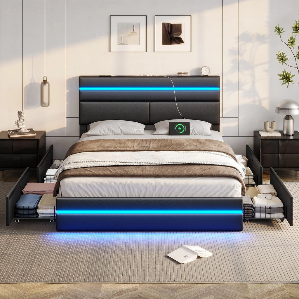 Full Size LED Platform Bed Frame with 4 Storage Drawers and 2 USB Ports B666